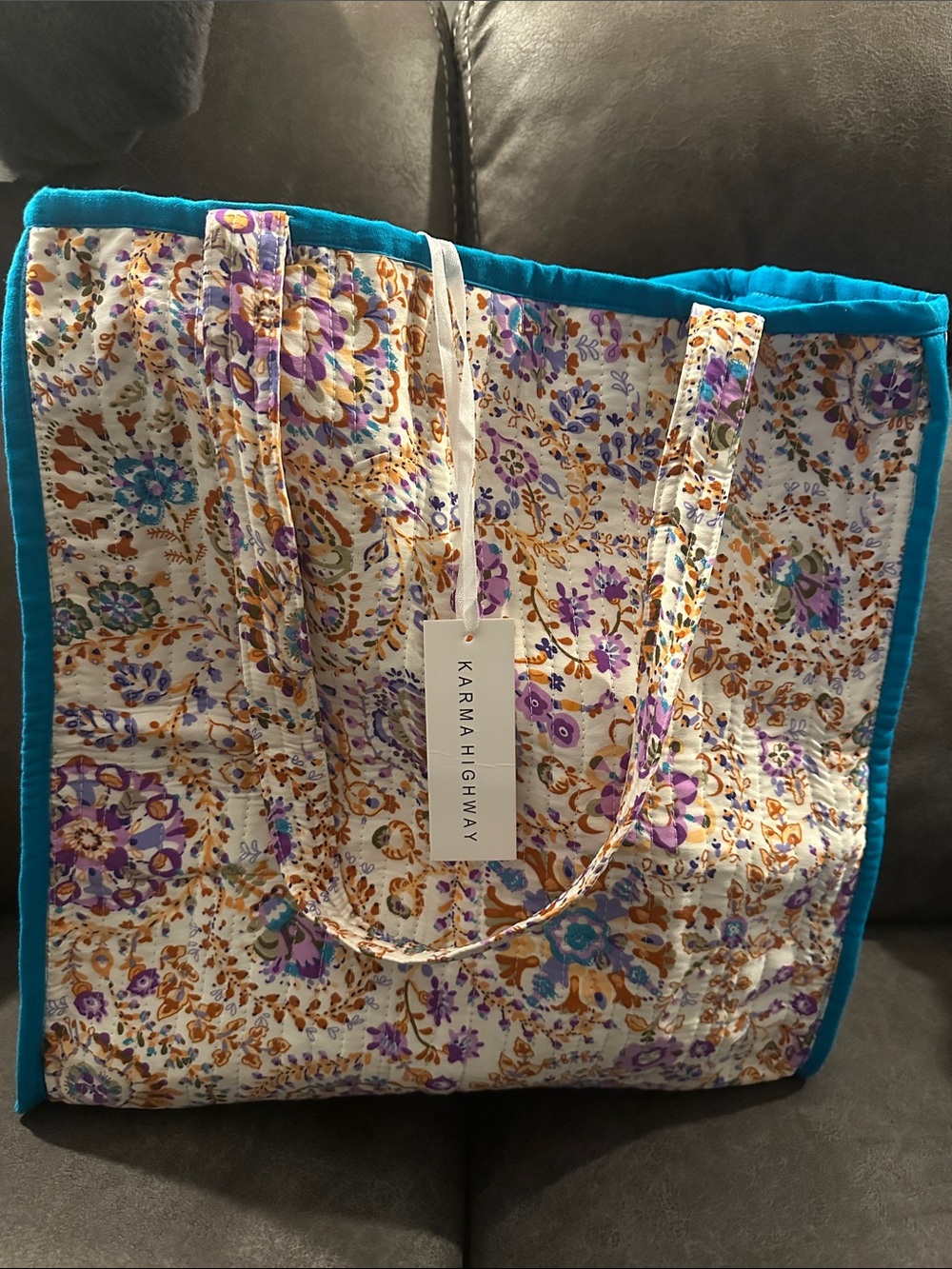 Floral Quilted Tote Bag in Turquoise Trim by Karma Highway